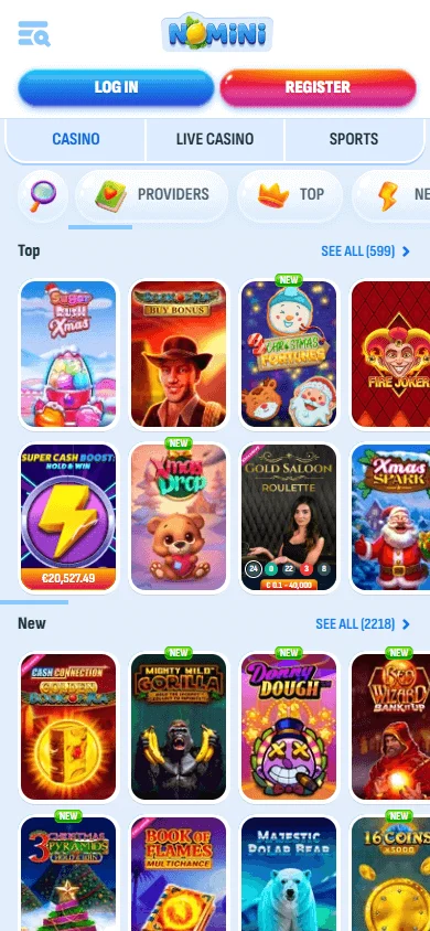 Nomini Casino games area on a mobile browser