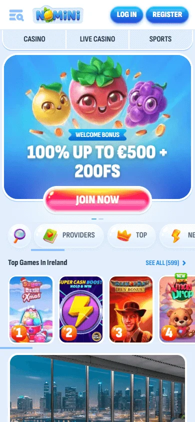 Nomini Casino home page on a mobile browser