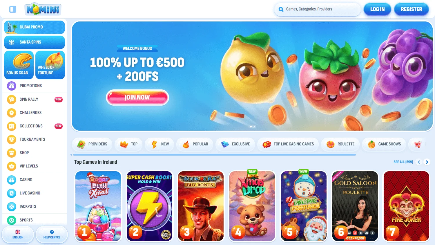 Nomini Casino home page on desktop