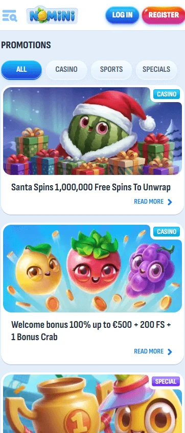 Nomini Casino promotions area on a mobile browser